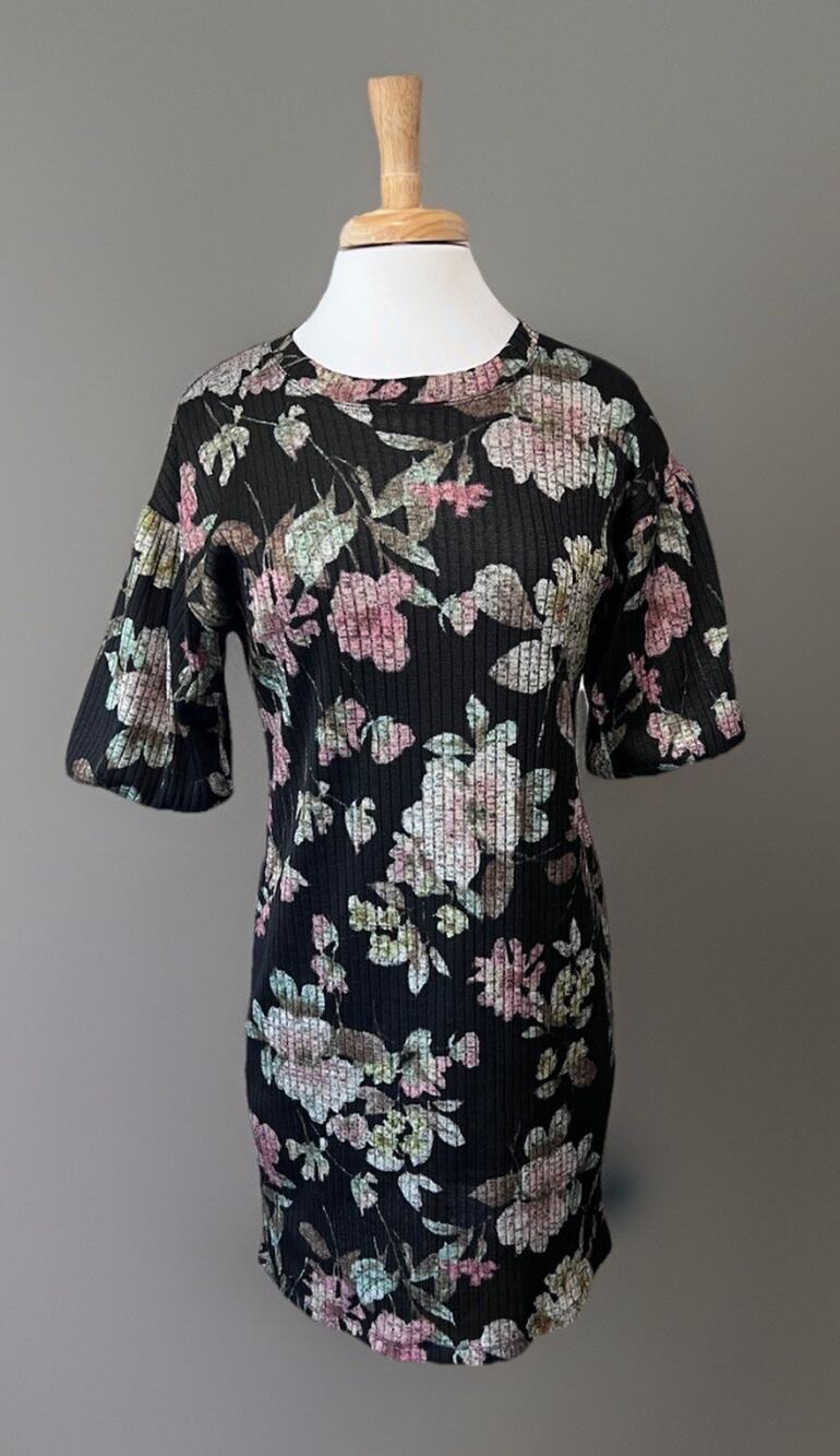 Rabbit Designs Womens 6 Black Floral Ribbed Dress Puff Sleeve Cottagecore Grunge
